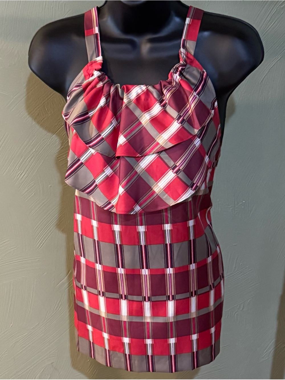 Banana Republic Red Plaid Ruffle Cami Blouse Holiday Tank Top Petite Large LP
